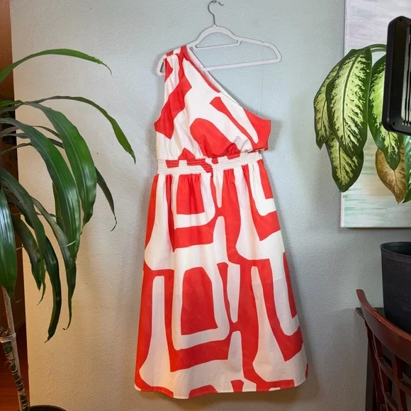 Banana Republic Cotton White Orange Geometric Pattern One Shoulder Midi Dress L - Picture 4 of 10